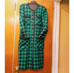 Green & Black Plaid Wool Dress with Pockets
